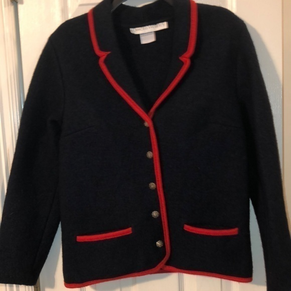 Lowell and‎ Whitney 100% wool navy blazer with red piping